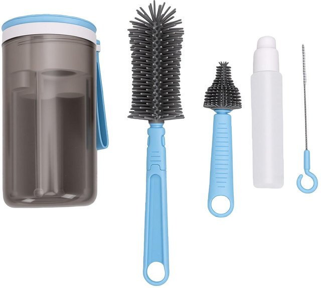 KaiSai 3-in-1 Reise-Babyflaschenbürsten-Set mit magnetischem Trockenständer aus Silikon in Blau und Grau - Bild 1