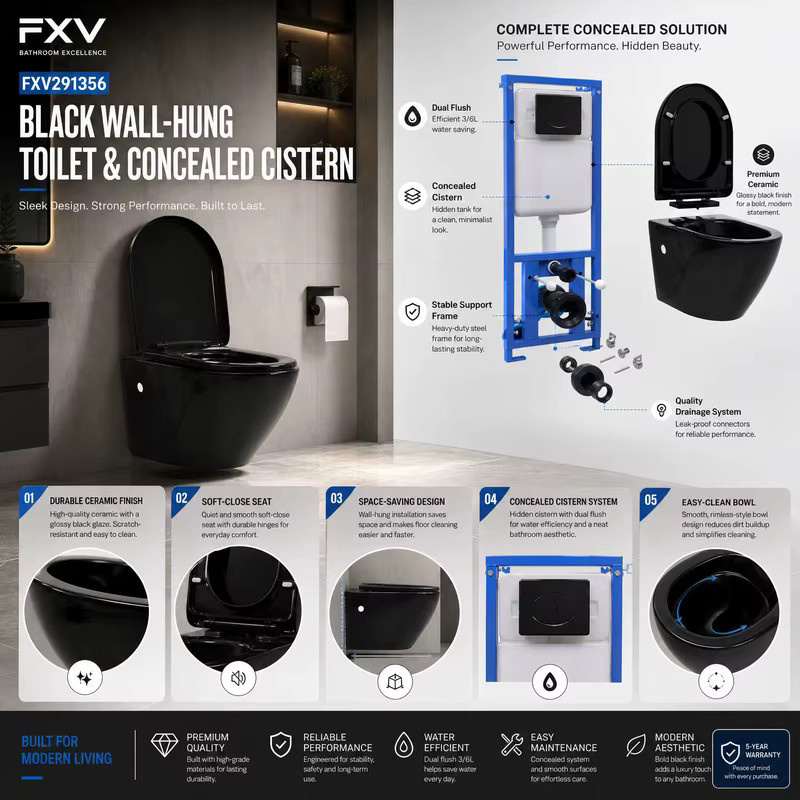Wandhängende Toilette aus schwarzer Keramik mit verdecktem Spülkasten - Bild 7