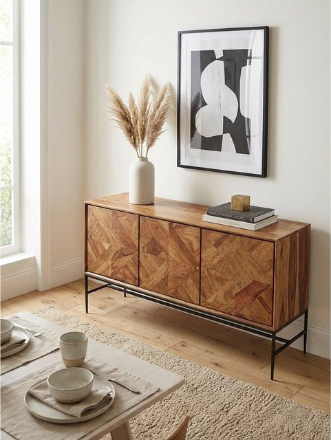 KADIMA DESIGN Sideboard aus Mango Massivholz und Metall in Braun im Industrial-Design, B/T/H: 123 x 70 x 45 cm - Bild 1