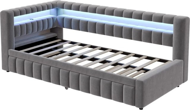 Merax Schlafsofa in L-Form mit LED-Beleuchtung und USB-Anschluss, Dunkelgrau, B/T/H: 90 x 200 cm - Bild 1