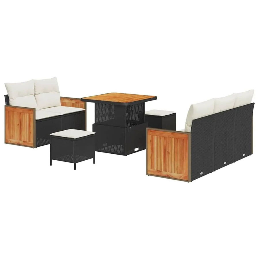 vidaXL Gartensofa-Set mit 8 Kissen in Schwarz und Beige, modernes Loungemöbel-Set aus pulverbeschichtetem Stahl und Poly-Rattan mit Stauraumfunktion und Tisch - Bild 2
