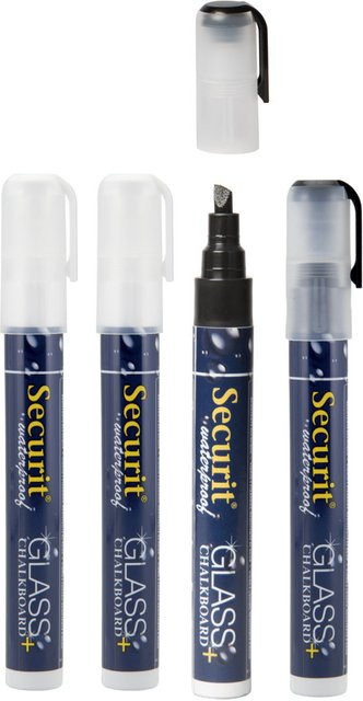 Securit 4er-Set Flüssigkreidestifte Waterproof in Weiß, Schwarz und Mehrfarbig mit Keilspitze 2-6 mm - Bild 1