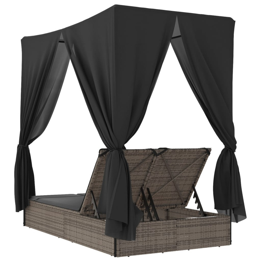 vidaXL Doppel-Sonnenliege aus Polyrattan mit Sonnendach und Vorhängen in Grau, B/T/H: 280 x 196 x 114 cm - Bild 7