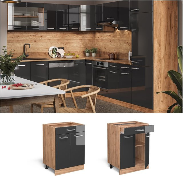 Vicco Küchenunterschrank R-Line Anthrazit Hochglanz und Eiche mit Schublade Breite: 60 cm - Bild 1