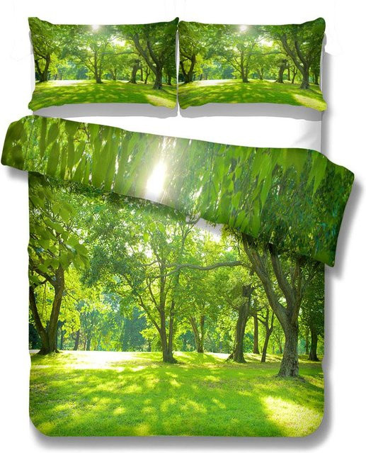 Bettwäsche-Set Herbstlaub Wald von Binchi Outdoor Product in Grün mit Duvetbezug und Kissenbezug aus Mikrofaser, B/H: 140 x 210 cm - Bild 1