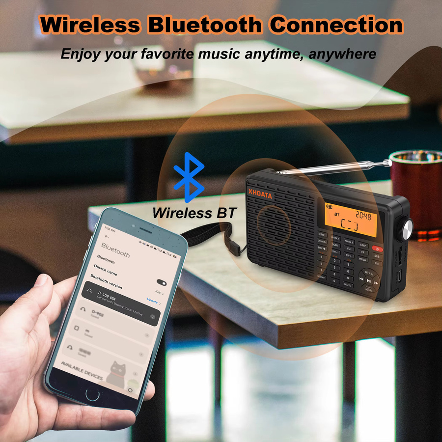 XHDATA D-109 Stereo Digitales Tragbares Radio in Schwarz mit AM, SW, MW, FM, Bluetooth und TF-Kartenspieler - Bild 2
