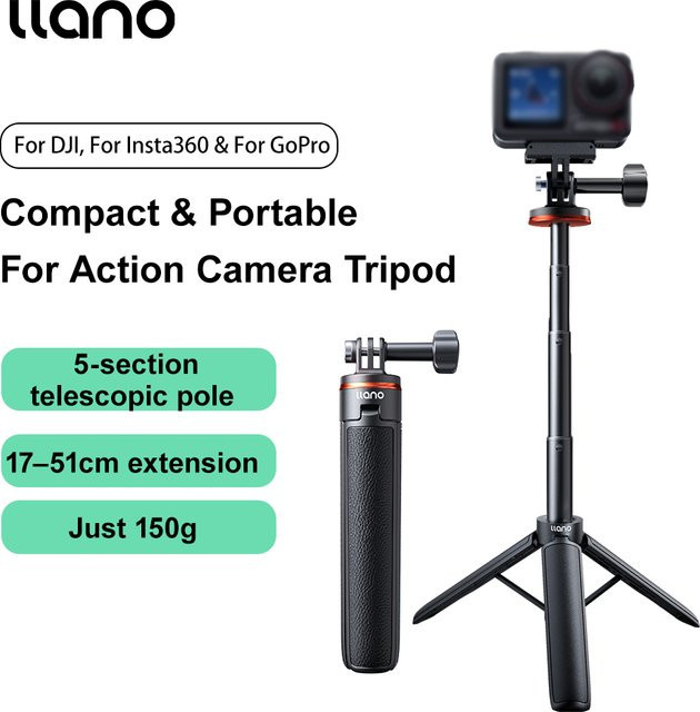 llano Selfie-Stick-Stativ in Schwarz, tragbarer Vlog-Griff für Action-Kameras, Höhe: 51,5 cm - Bild 1