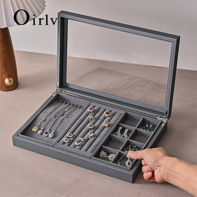 Oirlv Schmuckkästchen aus PU-Leder in Grau mit Deckel als multifunktionaler Schmuck-Organizer für Halsketten, Ringe und Armbänder - Bild 1