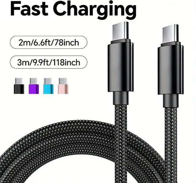 60 W USB-C auf USB-C Schnellladekabel aus geflochtenem Nylon in Schwarz oder Lila für iPhone 15, Samsung S24 und Xiaomi - Bild 1