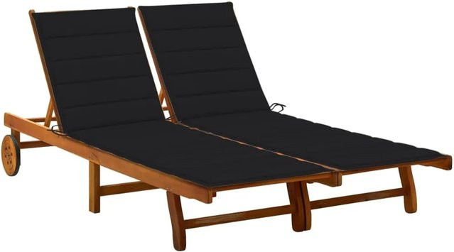 vidaXL 2-Personen-Sonnenliege aus Akazie Massivholz mit Auflagen in Schwarz und Braun, inklusive verstellbarer Kopfstütze und Rollen - Bild 1