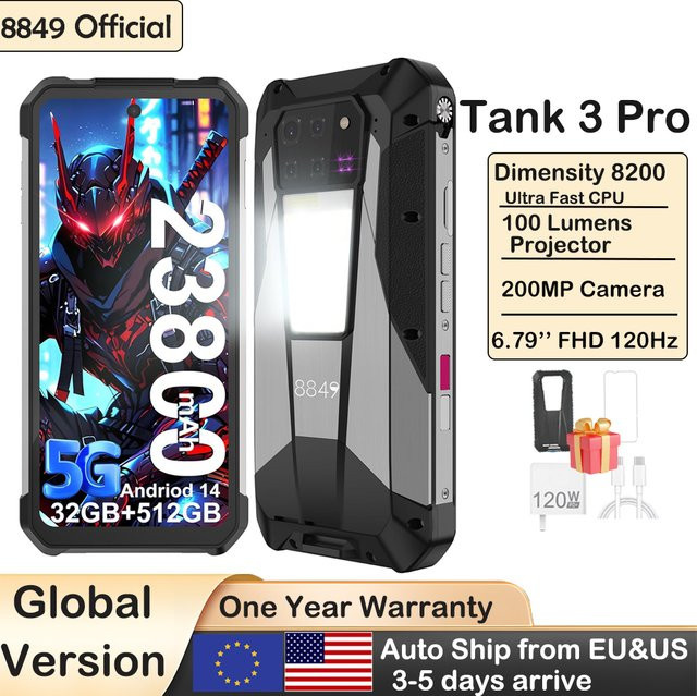Unihertz Tank 3 Pro Robustes Android 5G Smartphone in Schwarz mit Projektor, 512 GB Speicher, 36 GB RAM, 200 MP Kamera und 23800 mAh Akku - Bild 1