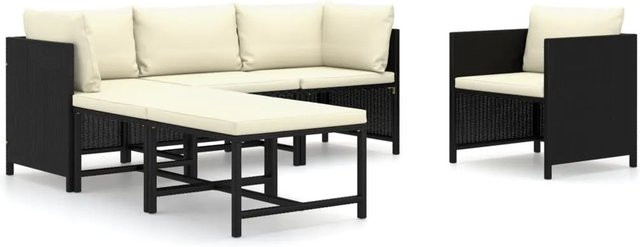 vidaXL 6-tlg Garten-Lounge-Set Modell 8 aus Poly Rattan und Metall in Schwarz mit Kissen und Ottoman in L-Form - Bild 1