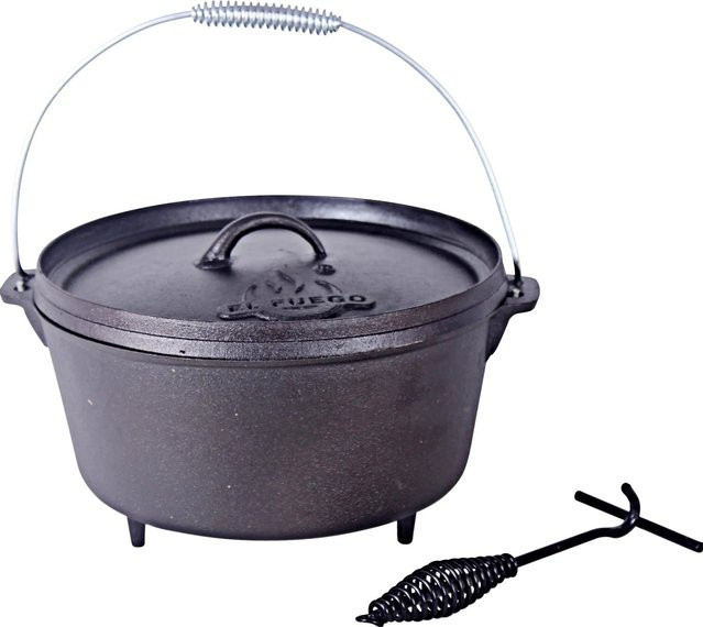 El Fuego Dutch Oven aus Gusseisen in Schwarz inklusive Deckelheber und Transportbügel - Bild 1