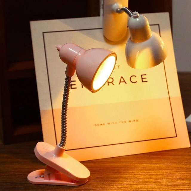 Feimefeiyou Mini LED Clip Schreibtischlampe mit warmweißem Licht, batteriebetrieben, Weiß/Rosa - Bild 1