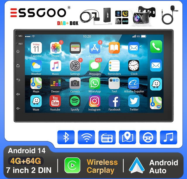 ESSGOO Autoradio mit 7 Zoll Display, Android 13, Wireless CarPlay und Android Auto, 4+64GB, DAB+, GPS, Bluetooth, WiFi, AHD Kamera, Schwarz - Bild 1