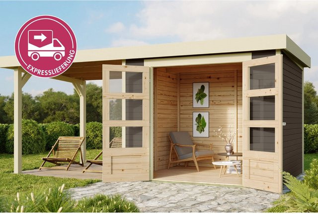 Karibu Express Gartenhaus Speedy B Set in Terragrau mit Schleppdach und Flachdach, B/T/H: 462 x 217 x 211 cm - Bild 1