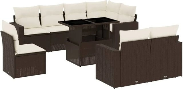 vidaXL 9-tlg. Garten-Sofagarnitur L-Form aus braunem Poly-Rattan mit Kissen und pulverbeschichtetem Stahlgestell - Bild 1