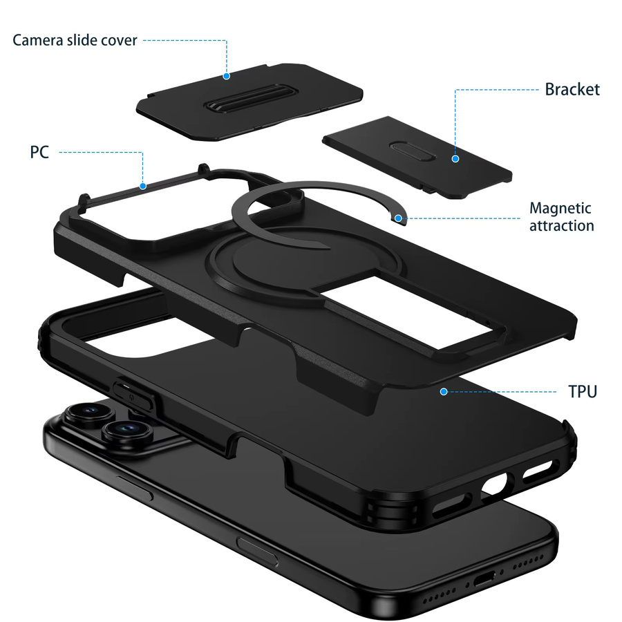 Stoßfeste Rüstung Flip Kamera Handyhülle mit Magnetic Stand für Apple iPhone 17 16 15 14 13 12 11 Pro Max Plus 16E Air in Schwarz und Rot - Bild 5