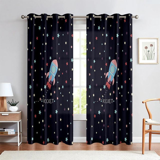 Cartoon Weltraum Vorhänge mit Astronauten und Planeten für Kinderzimmer, 2er Set Schwarz, B: 60 cm, H: 100 cm - Bild 1