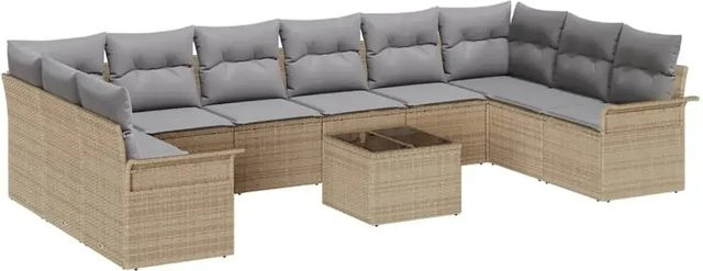 vidaXL Garten-Sofa-Set aus Poly-Rattan in U-Form, 11-teiliges Lounge-Set mit Kissen in Beige-Grau - Bild 1