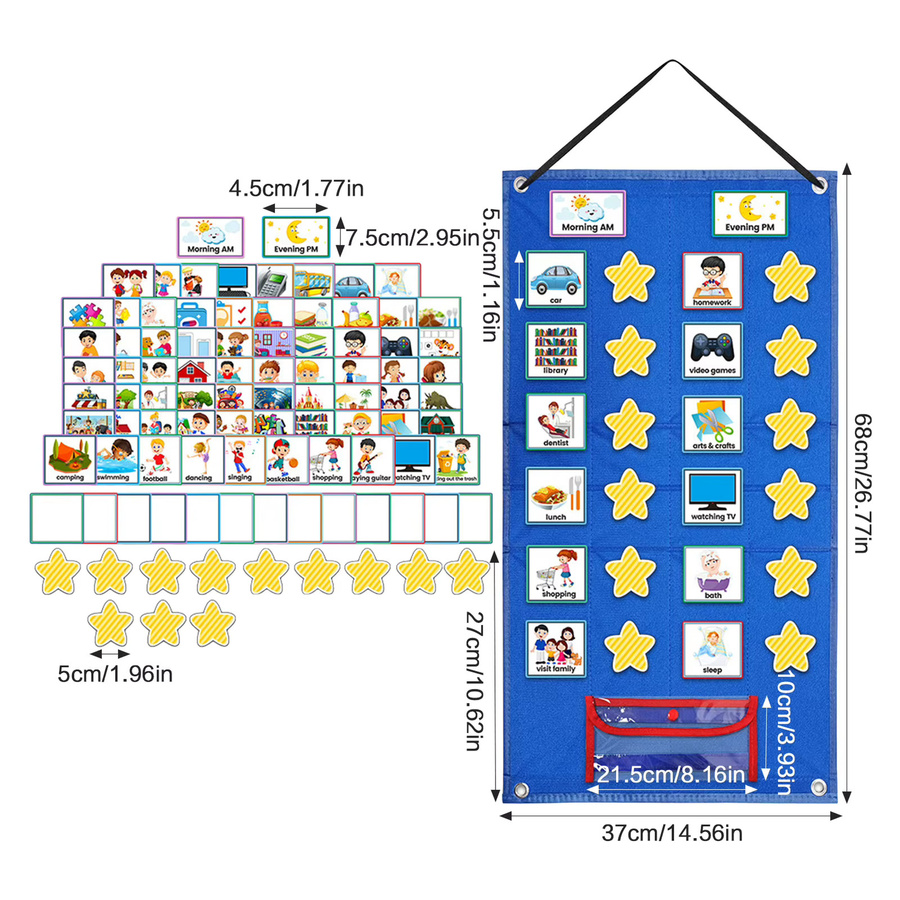 Faltbares visuelles Zeitplan-Diagramm für Kinder mit 72 Karten und 12 Stern-Karten als Wandbehang inklusive trocken abwischbarem Stift - Bild 6