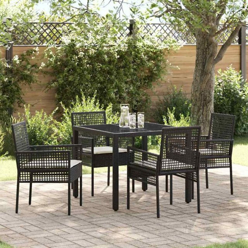 5-teilige moderne Garten-Essgruppe aus Poly-Rattan mit Glasplatte und Kissen in Schwarz von vidaxl - Bild 1