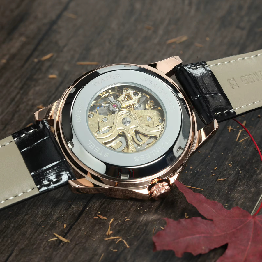 AOKULASIC Armbanduhr Automatik, Skelett, Edelstahl, Leder, Herren, Schwarz - Bild 2