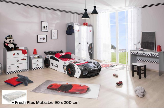 Aileenstore Kinderzimmer Set mit Police Autobett 5 teilig Weiß, Bettmaße: 90 x 200 cm - Bild 1