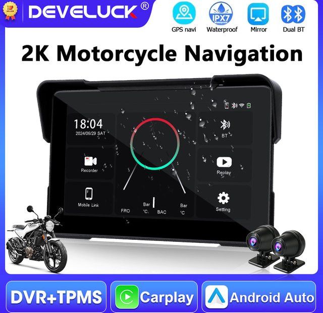 Develuck Tragbares 7-Zoll Motorrad-GPS-Navigationsgerät mit Carplay und Android Auto, 2K-DVR, IPX7 wasserdicht und Dual-Bluetooth, Schwarz - Bild 1
