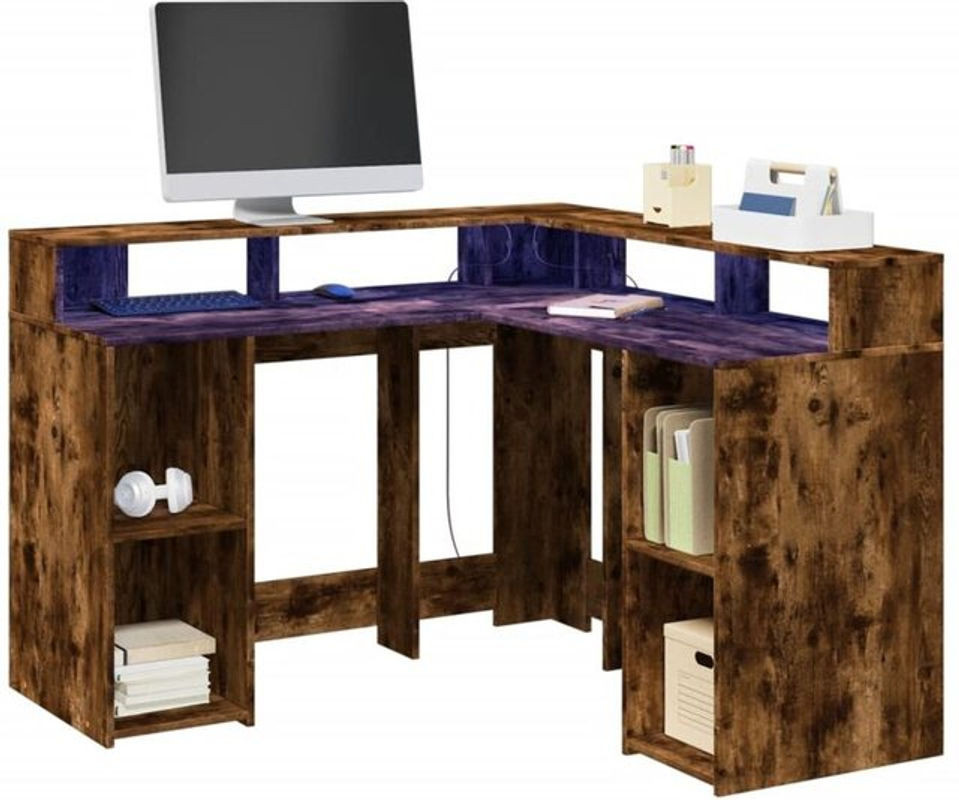 Vidaxl LED-Schreibtisch aus Holzwerkstoff in Räuchereiche, Braun, B/T/H: 130 x 130 x 91 cm - Bild 1