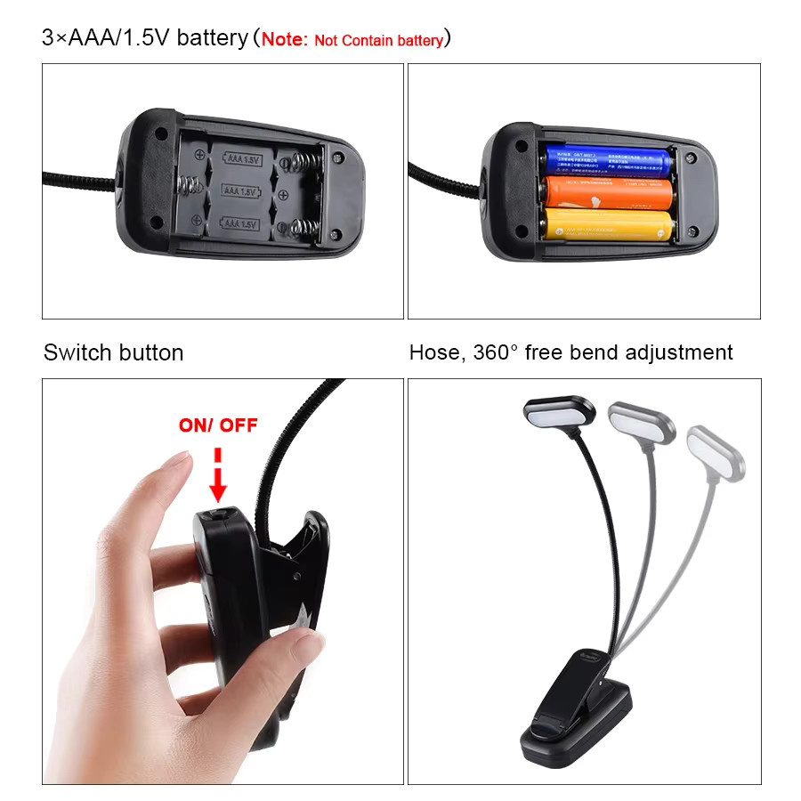 ATcomm LED Clip-On Buchlampe Schwarz, Einstellbares Nachtlicht mit Touch-Funktion, Batteriebetrieben und Flexibler Leselampe für das Schlafzimmer - Bild 4