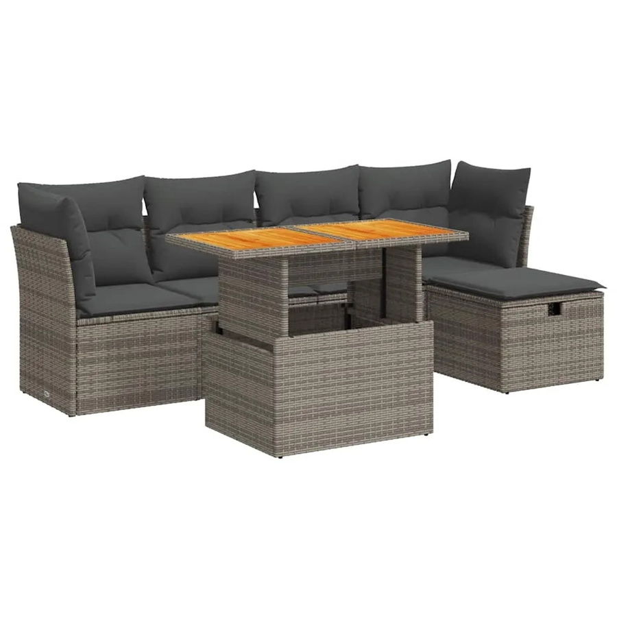 vidaXL 6-teilige Garten-Sofagarnitur in L-Form aus Polyrattan und Akazie mit Kissen in Grau und Beige - Bild 2