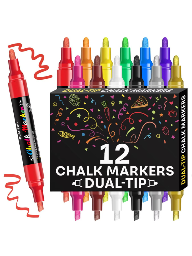 Kolorowys Flüssigkreide-Marker mit zwei Spitzen in 12 Farben, nass abwischbare Kreidestifte für Tafel, Glas und Tafelschilder - Bild 6