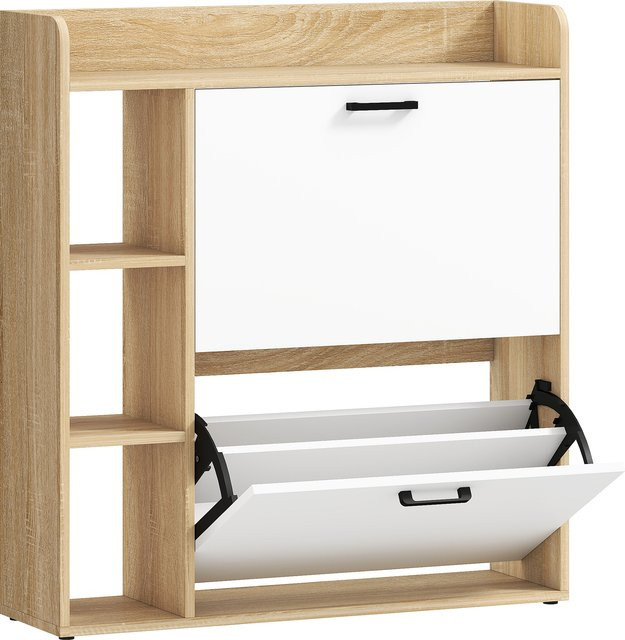 HOMCOM Schuhschrank für 15 Paar Schuhe in Naturholzoptik, moderner Schuhschrank mit 2 klappbaren Fächern, verstellbaren Einlegeböden und 3 seitlichen Fächern für Flur und Eingangsbereich, B: 83 cm, T: 24 cm, H: 90,5 cm - Bild 1