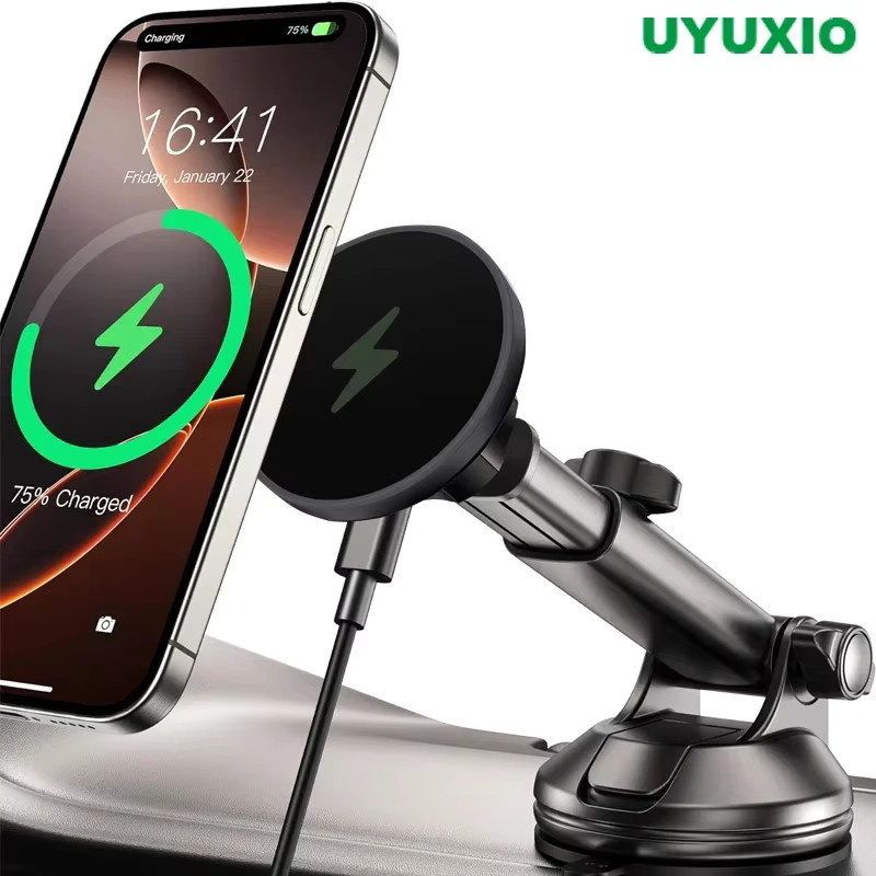UYUXIO Magnetisches kabelloses Autoladegerät in Schwarz für iPhone 12 bis 16 Serie, Schnellladestation als Handyhalterung für Armaturenbrett und Windschutzscheibe - Bild 3