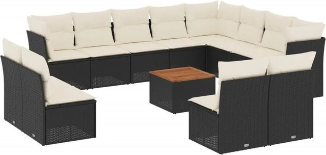 vidaXL 13-tlg Garten-Sofagarnitur Modell 40 aus Poly-Rattan und Akazienholz in Schwarz mit cremeweißen Kissen - Bild 1