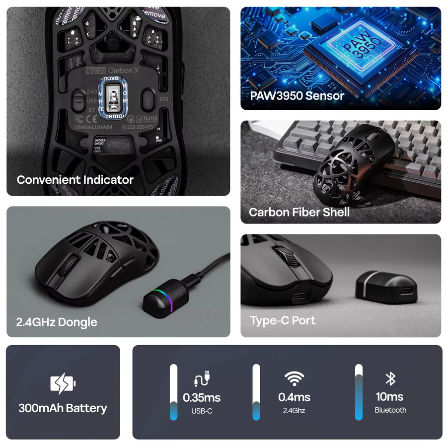EPOMAKER Carbon X Gaming-Maus mit Kohlefasergehäuse, kabellos via Bluetooth oder 2,4 GHz, ultraleicht, Schwarz - Bild 4