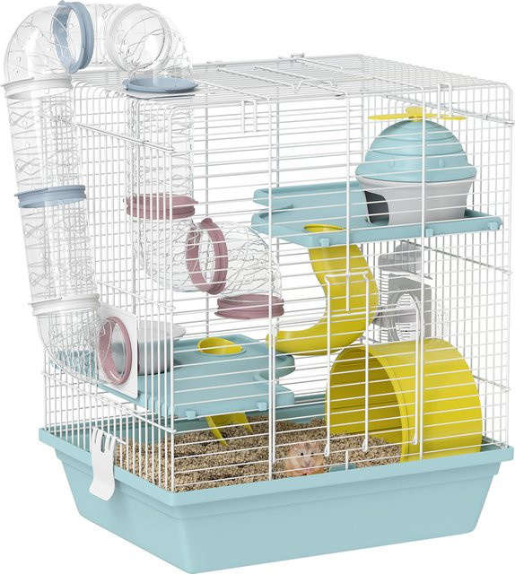 PawHut Hamsterkäfig in Blau, 3-lagiges Kleintiergehege mit Laufrad, Spieltunnel, Futterbox und Leiter für Zwerghamster - Bild 1