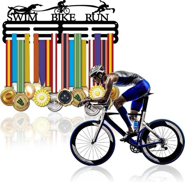 Triathlon Medaillenaufhänger aus Metall in Schwarz als Sportmedaillen Displayrahmen für die Wandmontage - Bild 1