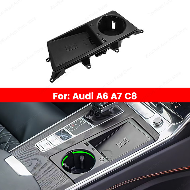 Wasserbecherhalter mit 30 Farben Umgebungslicht und kabellosem Auto-Ladegerät für Audi A6 A7 C8 in Schwarz - Bild 1