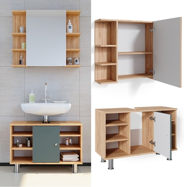 Vicco Badmöbelset Fynn aus Eiche in Grün und Gold, bestehend aus Waschtischunterschrank und Spiegelschrank, Breite: 80 cm - Bild 1