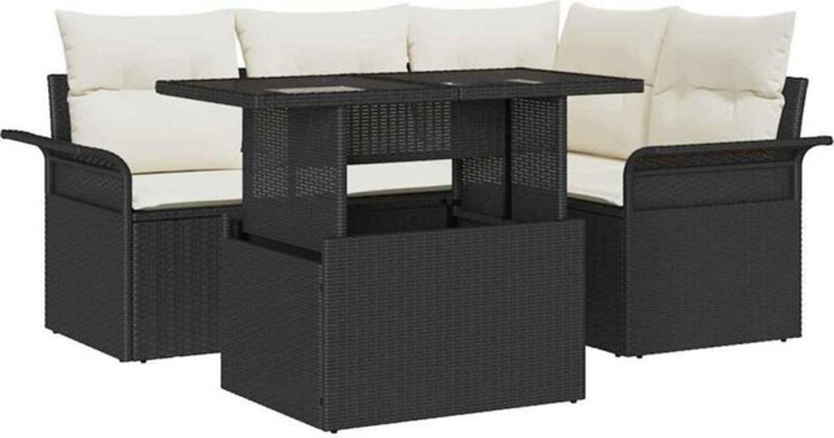 vidaXL Garten-Sofa-Set aus Poly-Rattan mit 5 Teilen und Kissen in Schwarz, modulares Loungemöbel-Set mit Fußhocker und Aufbewahrungsbox - Bild 1