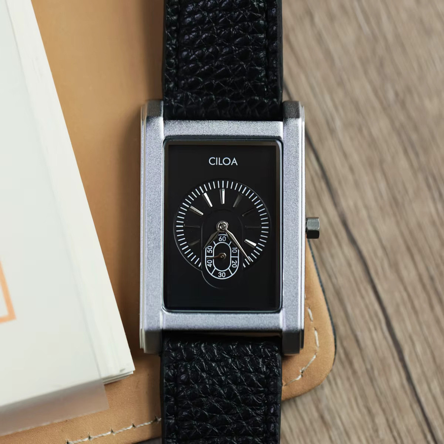 CILOA Armbanduhr, Quarz, Edelstahl, Leder, Schwarz, Eckig, Herren - Bild 6