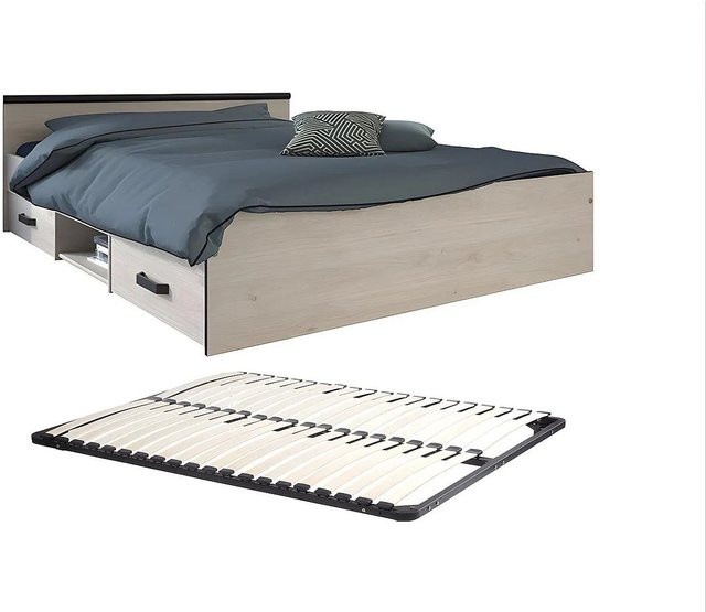 Vente-unique Bettrahmen Pablo mit Schubladen in Naturfarben Beige, B/T/H: 140 x 190 cm - Bild 1