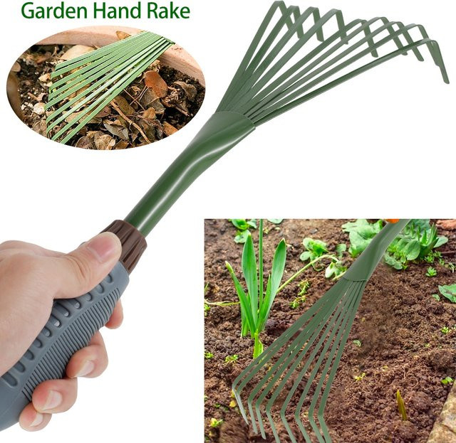 Grüner Gartenrechen mit 9 Zähnen für Laub, Heu und Landwirtschaft - Bild 1