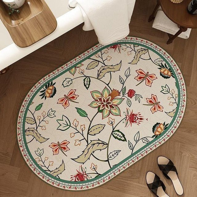 Retro Badezimmerbodenmatte aus Diatomeenerde in Beige mit floralem Design, rutschfest und schnell trocknend, B/T: 60 x 40 cm - Bild 1