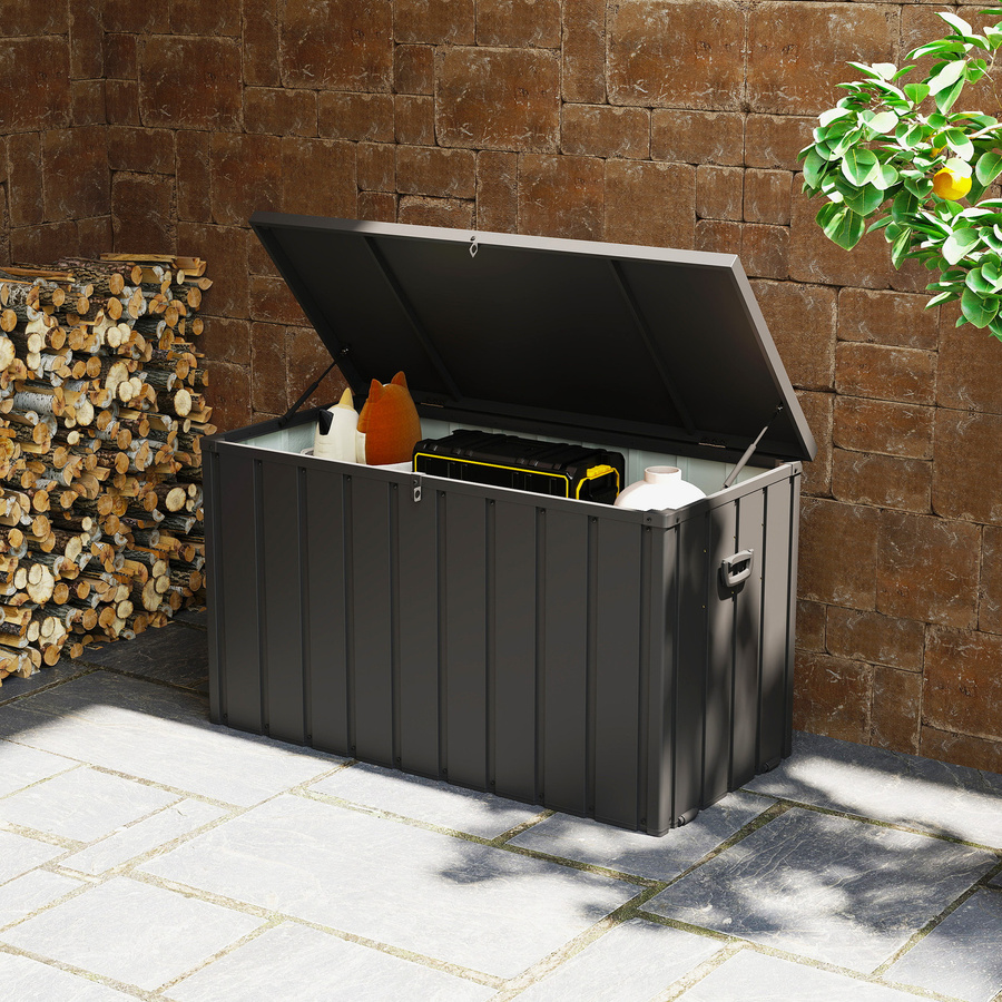 Outsunny Gartenbox Auflagenbox aus Stahl mit Rollen und Gasdruckfedern, Aufbewahrungstruhe für Garten und Balkon, 450 l, Anthrazit - Bild 2