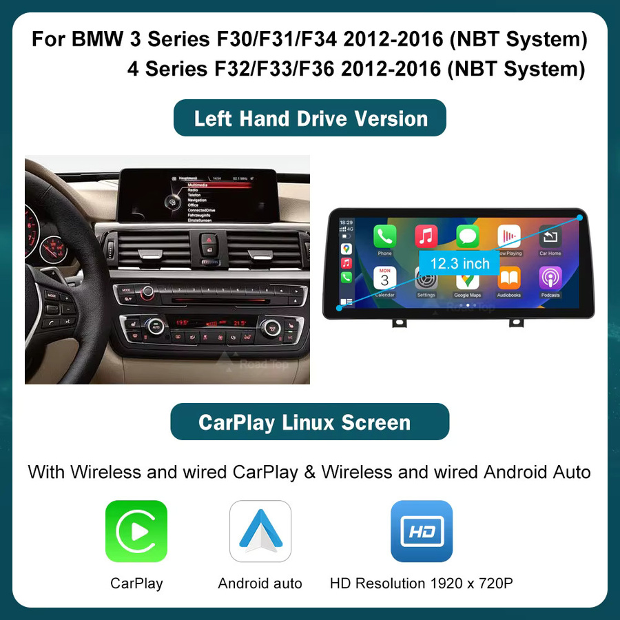 Road Top Drahtloses CarPlay und Android Auto Multimedia Display Bildschirm für BMW 1 2 3 4 Serie F20 F21 F22 F30 F31 F32 F33 in Schwarz - Bild 6