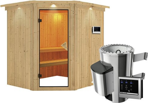 Karibu Sauna Talsen aus Fichtenholz in Beige inklusive 3.6 kW Saunaofen mit externer Steuerung für 3 Personen, B: 210.0 cm, T: 184.0 cm, H: 202.0 cm - Bild 1