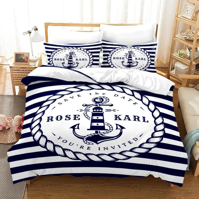 Flylo Bettwäsche-Set mit Marine-Anker-Muster in Blau, ultraweiche Mikrofaser Deckenbezug und Kissenbezüge, B/H: 135 x 200 cm - Bild 1